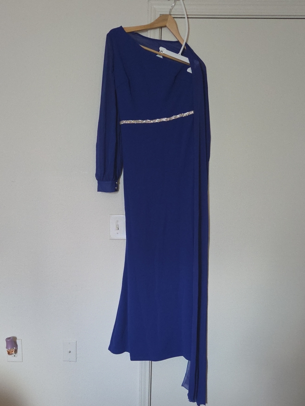 Asymmetrical Royal Blue Long Sleeve Evening Gown with Embellished Waist